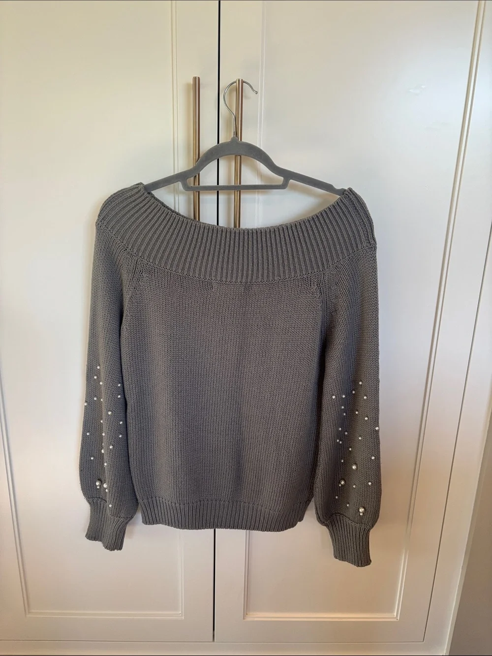 Elan Gray Pearl-Accent Off-Shoulder Sweater